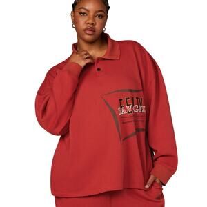 Savage X Fenty Terry Long Sleeve Polo Red Unisex Size L Oversized Streetwear